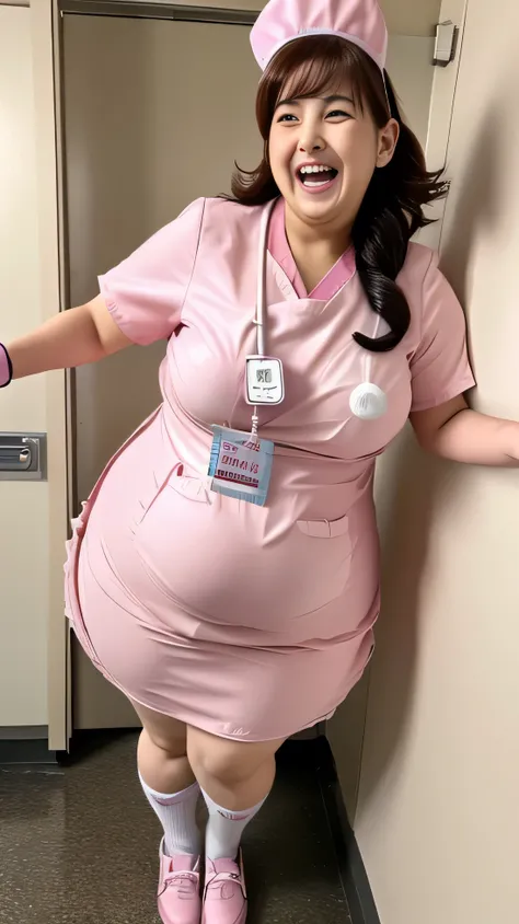 ((8K)), highest quality, 超High resolution, (Surreal)、(High resolution), 1 girl, nurse, Japanese, ((pink nurse costume)), Overweight, Extremely fat, Chubby, ((burst into laughter:1.5)), hospital room, hospital