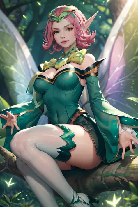 ((big breasts)), 1girl, solo, smile, short hair, thighhighs, dress, cleavage, jewelry, medium breasts, green eyes, pink hair, detached sleeves, green hair, wings, pointy ears, wide sleeves, tree, bug, green dress, fairy wings, fairy,  butterfly wings, 4 wi...
