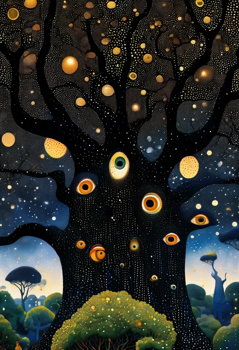 Georges Seurat:Strange illustration,Pointillism method,Trypophobia,Building on tree tops,Eye,unrealistic,Strong visual impact,black background,Star