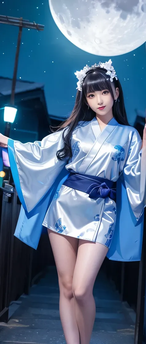 A cute and mysterious idol girl、whole body、Good style、、、、、、、、、、Thick legs、、Silver and blue mini kimono（Splash Print）、Neat and clean idol face、、、Moonlit Night、Glowing、Glowing Spear