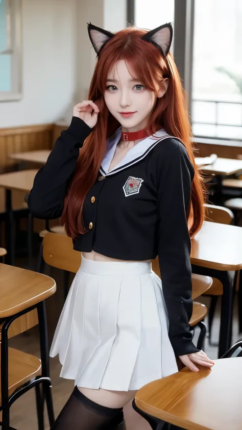 ((best quality)), ((masterpiece)), (Detailed), 1 Frau, middle age, 26 years old, Foto shooting, happier to see me, real cat ears, nekomimi, Cat Woman, aroused, Neckline, Collar with brand, , crop top, jacket, jacket rutscht leicht von der Schulter, knee s...