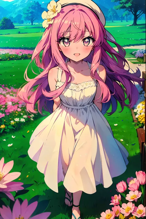 Louise Françoise Le Brun de La Valliere,Pink Hair,Pink Eyes,blush,smile,Open your mouth, White sleeveless dress,Long skirt,Cute Sandals,Standing with arms behind back,So that the whole body goes into the illustration,Daytime,Clear skies、
bre...