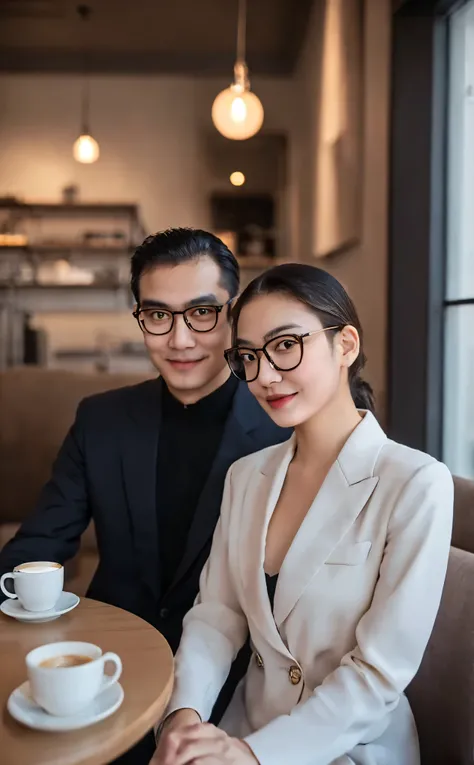 arafed couple sitting at a table with a cup of coffee, wearing a suit and glasses, wearing black frame glasses, with black eyeglasses, wearing thin large round glasses, with square glasses, ruan jia and fenghua zhong, with glasses, in style of lam manh, we...
