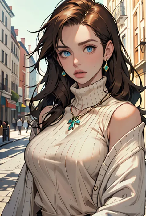 (masterpiece, Highest quality) One girl, Ashley Graham RE, alone, chest, View your viewers, Long Hair, blue eyes, shirt, Bare shoulders, jewelry, medium chest, Green Eyes, Upper Body,Brown Hair, parted lips, No sleeve, necklace, sweater, lips, turtleneck, ...