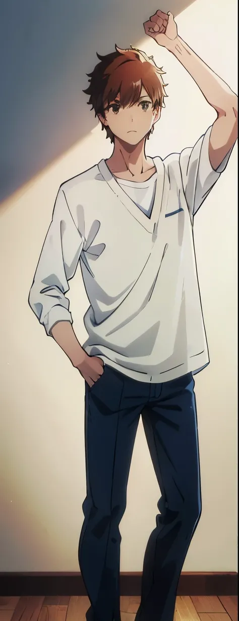 Man, adult, full body, brown hair, short hair tucked behind ears, good-looking, standing with one leg up, gray pants, white shirt, navy blue cardigan, hands in pockets