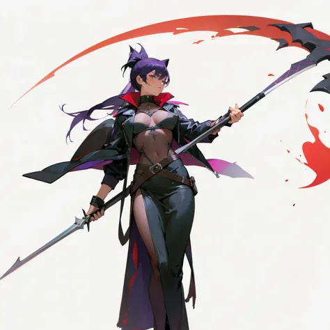 A beautiful woman holding a sickle，Dark purple ponytail，Huge sickle，Black full leather jacket，venom