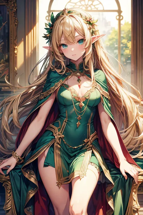 masterpiece,Highest quality,Very detailed,Dancing Elf Girl, teenager,Long blonde hair,Very beautiful and detailed eyes,Thin legs,Long skirt, underweight,Small breasts, full body,Beautiful peppermint green dress,Large ruby necklace,gem,Luxurious cape,A luxu...