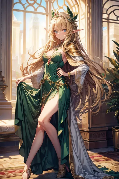 masterpiece,Highest quality,Very detailed,Dancing Elf Girl, teenager,Long blonde hair,Very beautiful and detailed eyes,Thin legs,Long skirt, underweight,Small breasts, full body,Beautiful peppermint green dress,Large ruby necklace,gem,Luxurious cape,A luxu...