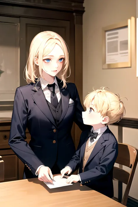 two people, an adult woman with blond hair, small kid in blazer, masterpiece, (high quality)