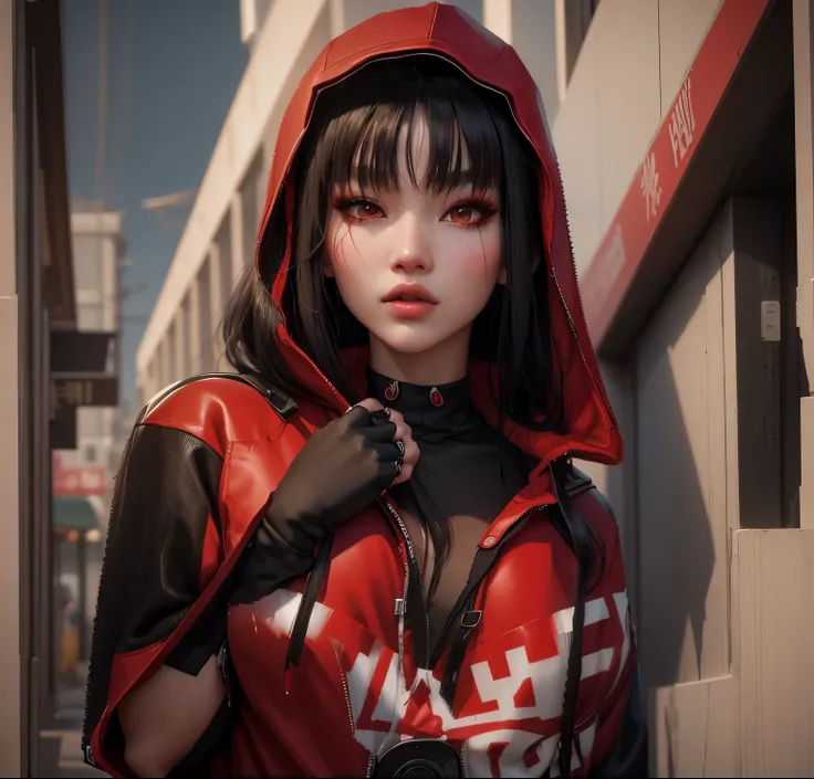 AVATAR SECOND LIFE Korean girl wearing red hoodie, Asian, long black hair, Perfect and detailed face, imvu, maximalist details, AVATAR SECOND LIFE Korean blusa , neon,