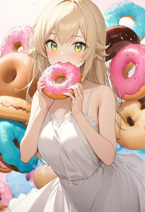 1 girl, best quality, super fine, 16k, 2.5D, delicate and dynamic depiction, Kiss Shot Acerola Orion Heart Under Blade Shinobu Oshino finished product, stuffing a mouth full of Mister Donuts, satisfied expression, smiling face, wearing white camisole dress...