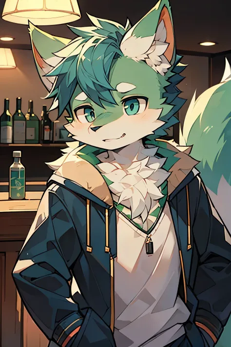 Exquisite lines，best quality。Single player，Youthful，male，Light green fur，Wolf Orc，Blue pupils，university student，In the bar，modern