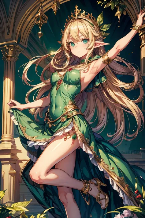 masterpiece,Highest quality,Very detailed,Dancing Elf Girl, teenager,Long blonde hair,Very beautiful and detailed eyes,Thin legs,Long skirt, underweight,Small breasts, full body,Beautiful peppermint green dress,Large ruby necklace,gem,Luxurious cape,A luxu...