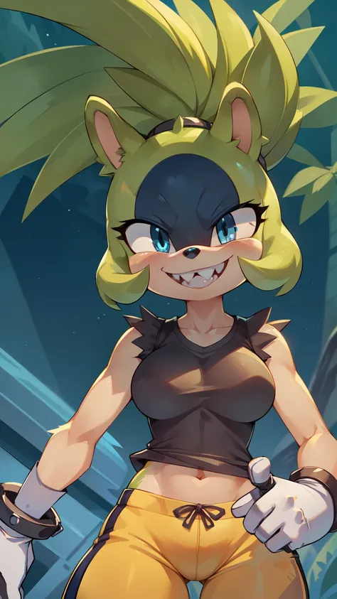 surge the tenrec, female, blue eyes, ((sleeveless shirt, yellow pants, gloves)), grin, teeth, detailed body fur, detailed face, detailed eyes, glistering body, shiny body, gorgeous body, uperbody,