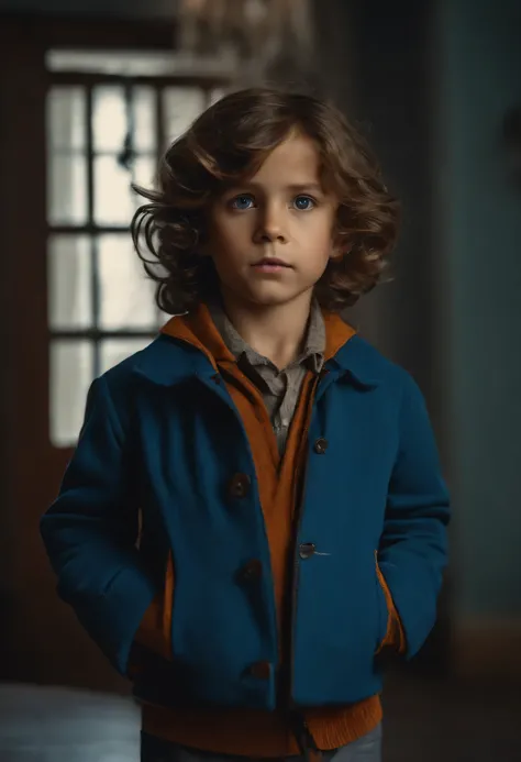 A little boy about 7 years old, scared, with long hair, up to the neck, and brown in color like his eyes, in a house, dressed in a blue jacket and gray pants