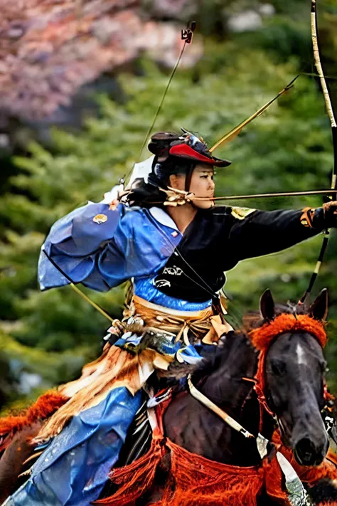 (masterpiece, best quality:1.2), yabusame, beautiful girl, horseback riding, (from right side:1.2), (holding bow in left hand:1.2), long bow, (holding arrow:1.2), (kaburaya:1.2), kyudou-hikiwake, outstretched arm, black igote, deerskin mukabaki, galloping ...
