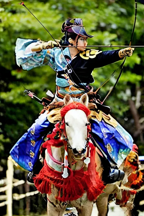 (masterpiece, best quality:1.2), yabusame, beautiful girl, horseback riding, (from right side:1.2), (holding bow in left hand:1.2), long bow, (holding arrow:1.2), (kaburaya:1.2), kyudou-hikiwake, outstretched arm, black igote, deerskin mukabaki, galloping ...