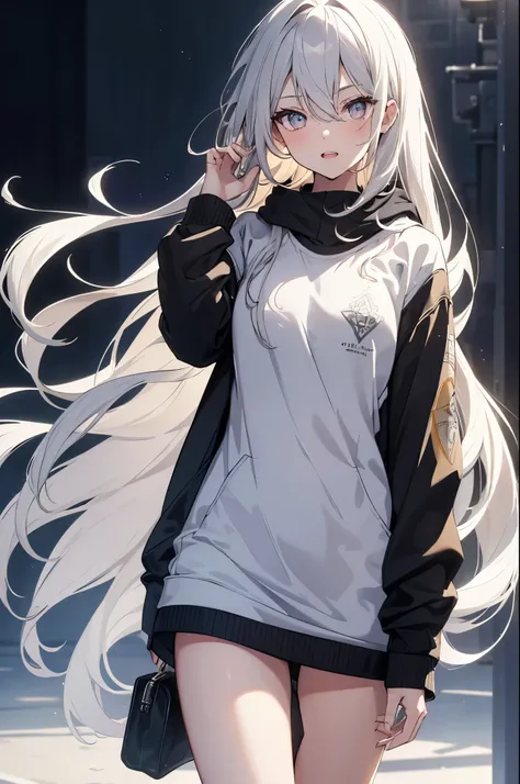 1girl, {Solitary}, Upper Body ,{{ {Watching at viewer}}}, Arms at your sides, Concept Art, white Background, simple Background, White hair, Silver gradient hair , Composite cloth, Asymmetrical clothes, Virtual YouTuber, best quality, masterpiece, Dynamic A...