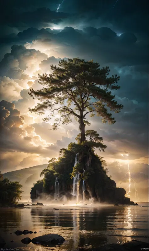 Celestial Tree, big tree, paisaje, panorama, Sky Heaven, naturey, palmtrees, Cedars, forst, Rivers of water, Thunder Light, Detailed Realistic FullHD Fotorrealism, Majestic, comely, fire, villany,  Thunders, Sky Thunders, Stars, photorrealistic 6K, UltraHD...