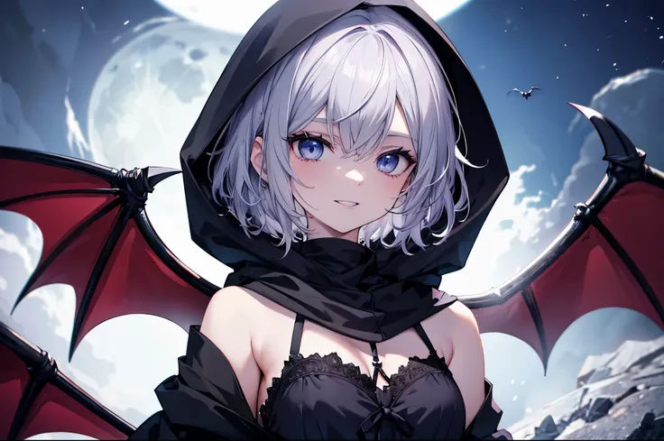 ((((vampire　Inflammation))))　(((Gray Hair　short hair　blue eyes　woman　Center close-up)))，((night　full moon　My own big wings))，(Wearing a hood　Black camisole　Purple light　Wearing a cape)，　Creepy Smile　Showing teeth　Shining Background　Shining Edges