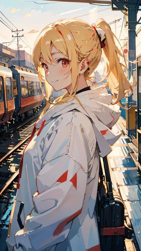 1 Girl、Anime style painting、Blonde、Red eyes、ponytail、smile、Upper body close-up、From the side、Wearing a white hoodie、Railway station background