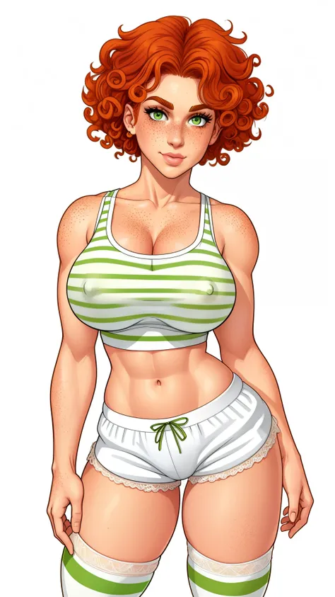 Lacy Lemon, pretty woman, curly ginger hair, midriff, white cloth hotpants,tank top, short shorts, freckles, large breasts,  rubenesque, thigh high striped socks, far shot, covered nipples,

green eyes,

white background, blank background, 