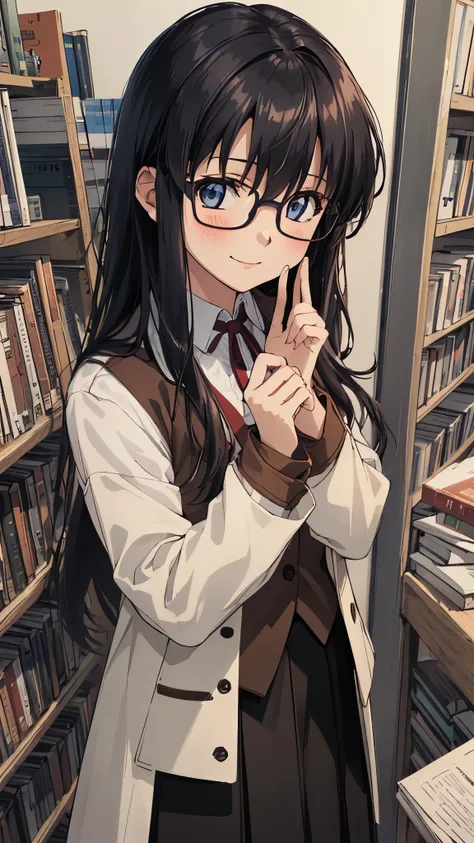 upper body,yr, 1girl, solo,long hair,black hair, blush, smile, looking at viewer, glasses, long skirt,(coat:1.1), vest, ribbon, ...