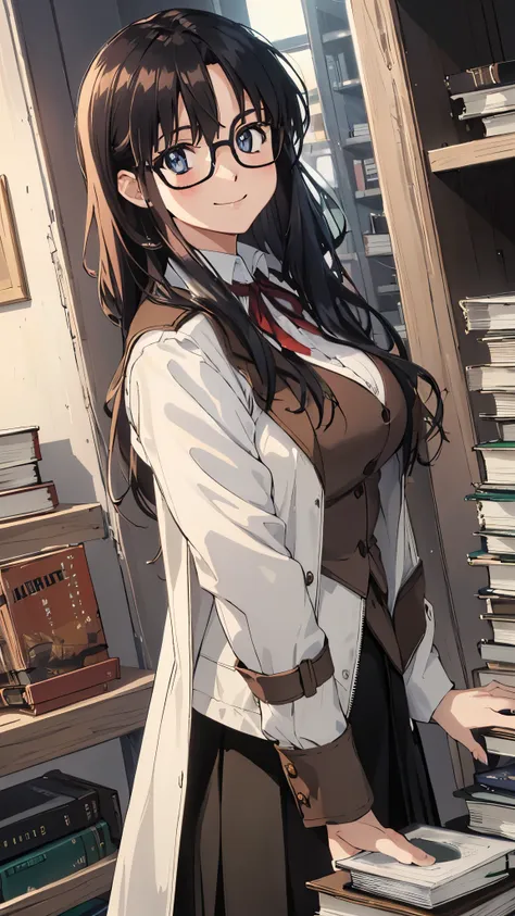 upper body,YR, 1girl, solo, blush, smile, looking at viewer, glasses, long skirt, coat, vest, ribbon, long sleeves,book store,(Carrying a lot of books),masterpiece,Noise Reduction,perfect anatomy,high resolution, ultra-detailed,game cg,dutch angle ,beautif...