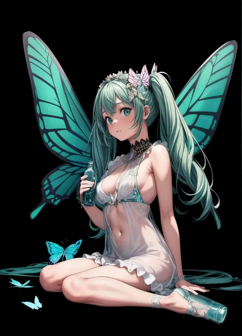 (masterpiece、Highest quality、Highest quality、Official Art、Beautiful and beautiful:1.2)、(One girl:1.3)Hatsune Miku、Twin tails,Beautiful breasts,(masterpiece, Highest quality), Intricate details, 8K, Art Station, wallpaper, Sharp focus, ca3,(Black background...