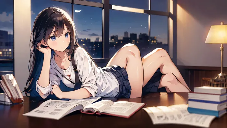 She is a girl who loves reading and music.， She sat by the window， The moonlight at night shines on her face，Eyes focused on the pages of the book， Wear simple clothes，Comfortable and casual，Soft music echoed in the room， Create a peaceful and beautiful at...