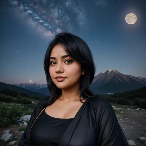 chubby face, natural skin, wearing hot deep neck top and dupatta, charming black hair, realistic night view, moon stars mountain background, bokeh 8k , realistic skin, age 25