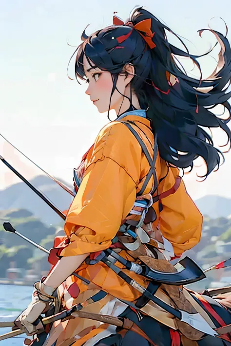 (masterpiece, best quality:1.2), yabusame, beautiful girl, horseback riding, (from right side:1.2), (holding bow in left hand:1.2), long bow, (holding arrow:1.2), (kaburaya:1.2), kyudou-hikiwake, outstretched arm, black igote, deerskin mukabaki, galloping ...