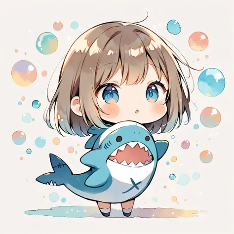 (masterpiece:1.2), (((1 Girl))), ((Chibi, Full body image))), ((Shark costume, Cute Shark Girl:1.2)), watercolor, Simple illustration, Bubble shower, Colorful water bubbles, 