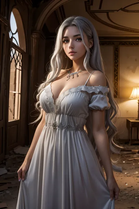 best quality,4K,8k,high resolution masterpiece:1.2),Ultra-detailed. A pretty girl with gray hair and honey-colored eyes in an old abandoned castle in Tunisia at night, dressed in a dress 