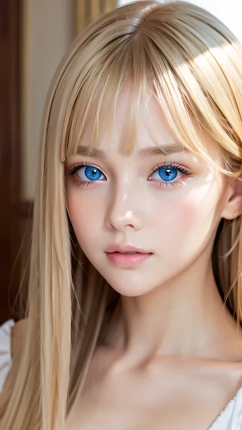 highest quality、masterpiece、(realistic:1.4)、one very beautiful blonde girl、dazzlingly long, super long straight silky platinum b...