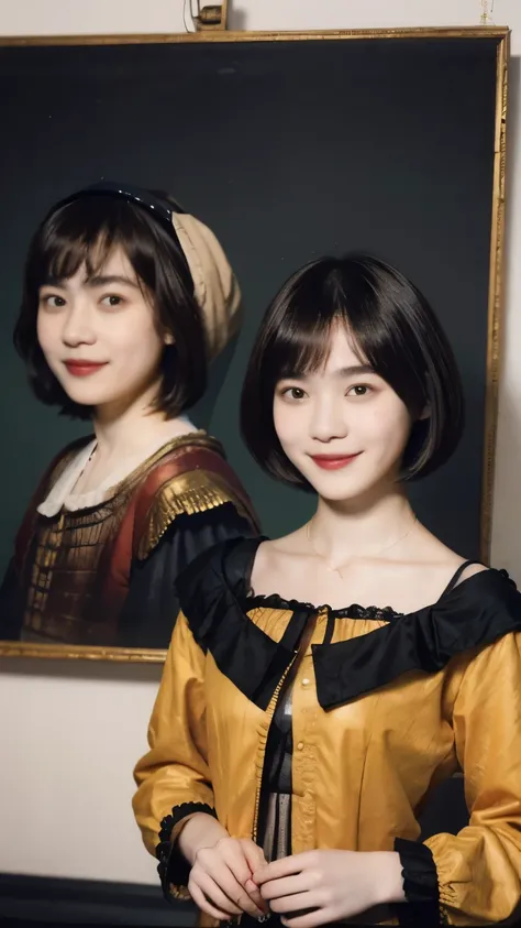 252 (An 18-year-old female and an 18-year-old male), (short hair),kind, lipstick, (Rembrandt-style painting), smile