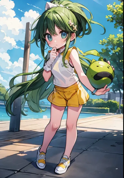 Long Green Hair、ponytail、Yellow golf wear、Yellow culotte shorts、 body、Flat body