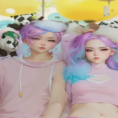 there are two people with colorful hair and panda bears behind them, inspired by Sim Sa-jeong, realism artstyle, kawaii realistic portrait, realistic artstyle, aesthetic!!!!!!!!!!, kda and sam yang, pastel goth aesthetic, the sims 4 texture, artwork in the...