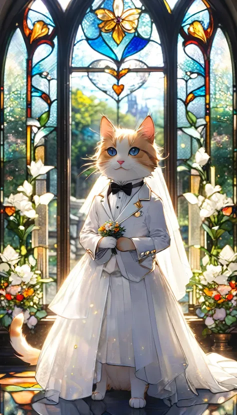 A cat wearing a white tuxedo and a cat wearing a white dress are getting married。The stained glass chapel in the background。