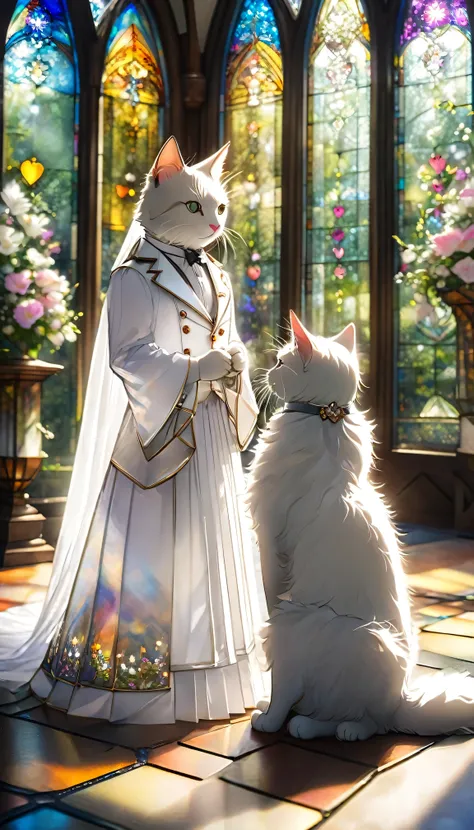 A cat wearing a white tuxedo and a cat wearing a white dress are getting married。The stained glass chapel in the background。