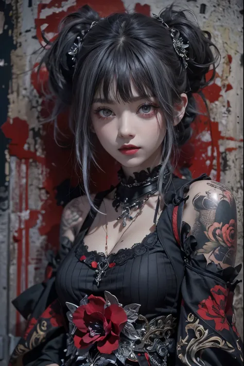 Highest quality、、masterpiece：1.3、Gothic Punk、Red on the inside、Gray Black Hair、hair ornaments、beautiful girl、creative、Punk Shirt、Neogoth、Goth Fashion：1.2、High resolution、masterpiece、Highest quality、頭w:1.3、((Hasselblad Photos))、Fine skin、Sharp focus、(Cinema...