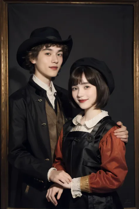 252 (An 18-year-old female and an 18-year-old male), (short hair),kind, lipstick, (Rembrandt-style painting), smile