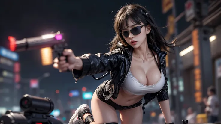 8k, Realistic Skin Texture, Realistic Photo, Neo Tokyo, slim women, large-breast:1.4 cleavage:1.3, AD2050 at night, Dirty hunting jacket, Wearing tube top, miniskirt, (((black sunglasses, automatic rifle, sneakers, cold, shooting pose, very low angle view)...