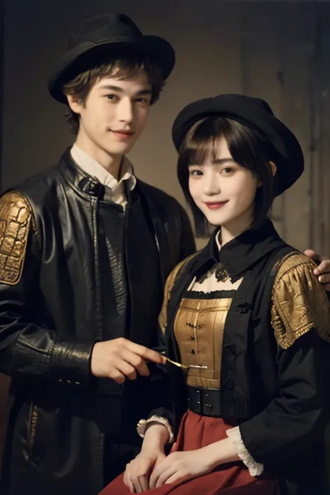 252 (An 18-year-old female and an 18-year-old male), (short hair),kind, lipstick, (Rembrandt-style painting), smile