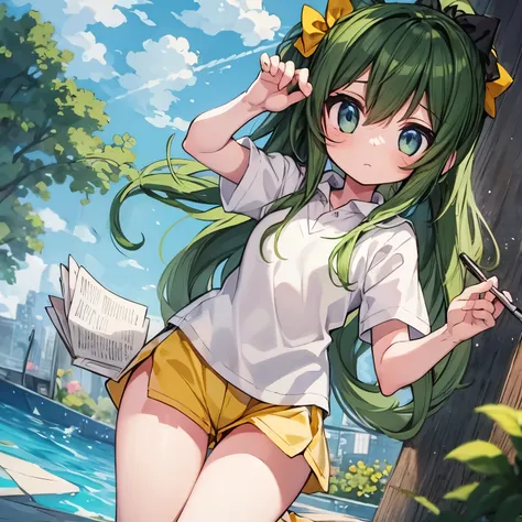 Long Green Hair、ponytail、Yellow golf wear、Yellow culotte shorts、 body、Flat body