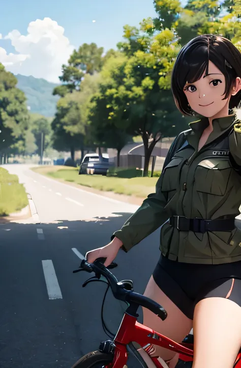 girl in combat uniform,short hair,summer,smile,driving a bicycle,8k, highest quality, masterpiece