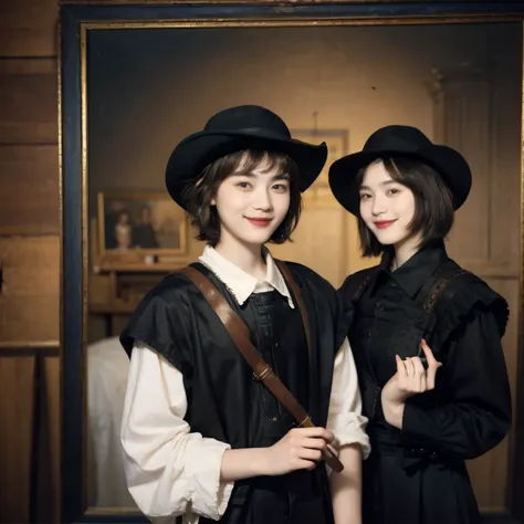 252 (An 18-year-old female and an 18-year-old male), (short hair),kind, lipstick, (Rembrandt-style painting), smile