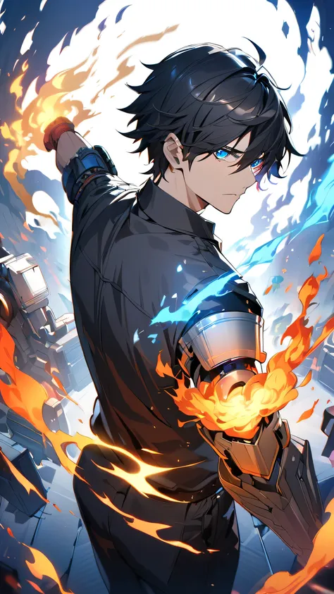 anime style man with (black hair) and blue eyes unleashing cool (fire) magic from his one hand, the other arm is metal, robot arm, hard fire, fire particles, blue and white tinted black clothing, surrounded by vibrant fire particles, emitting a cold, blue-...