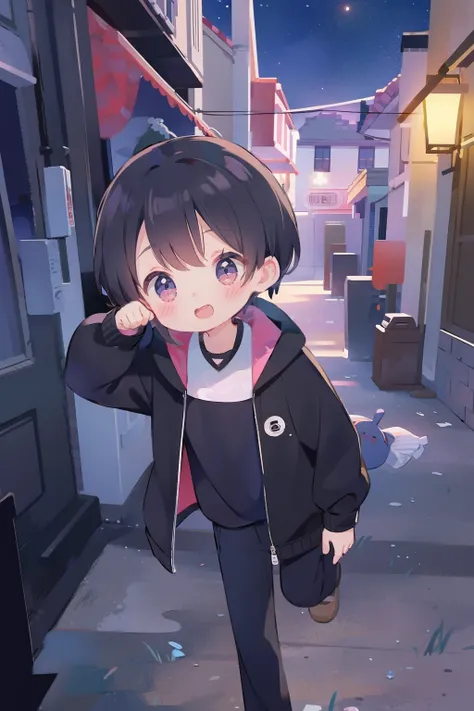 Anime Style、Cute boys, Black jacket、In the back alley,Reaching out towards the moon、night、 There is a description of the bug.