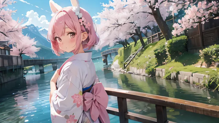 an anime girl in white Holding pink flowers by a river with Mountains in the background, Highest quality, pretty girl, pastel colour, Fluffy bunny ears, Pink short bob,Pale pink eyes,Age 25, Outdoor, kimono, alone, cherry blossoms, kimono, hair, View your ...